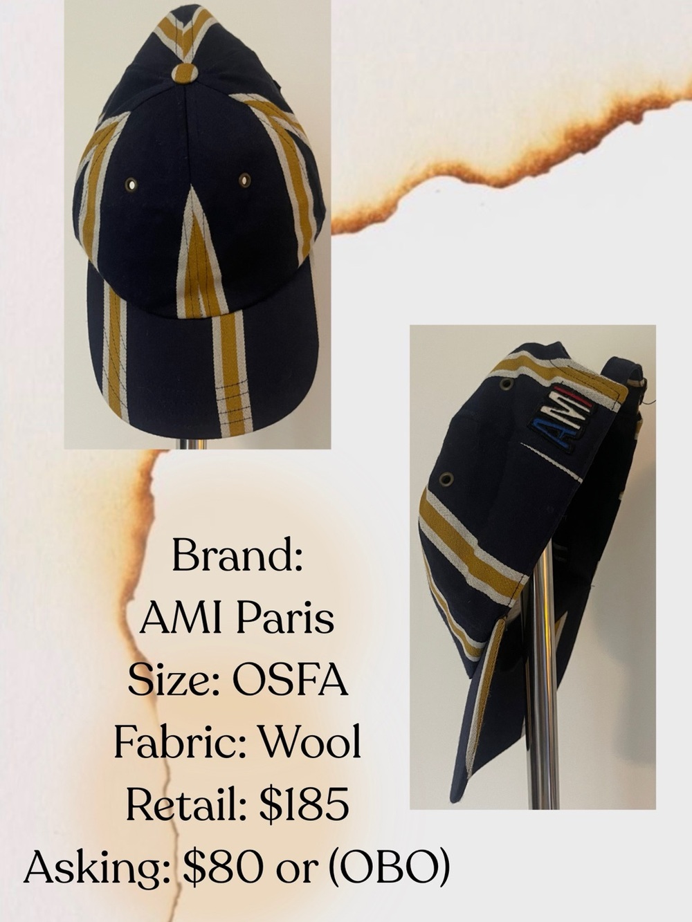 Ami Navy Wool Cap with Yellow & White Stripes
